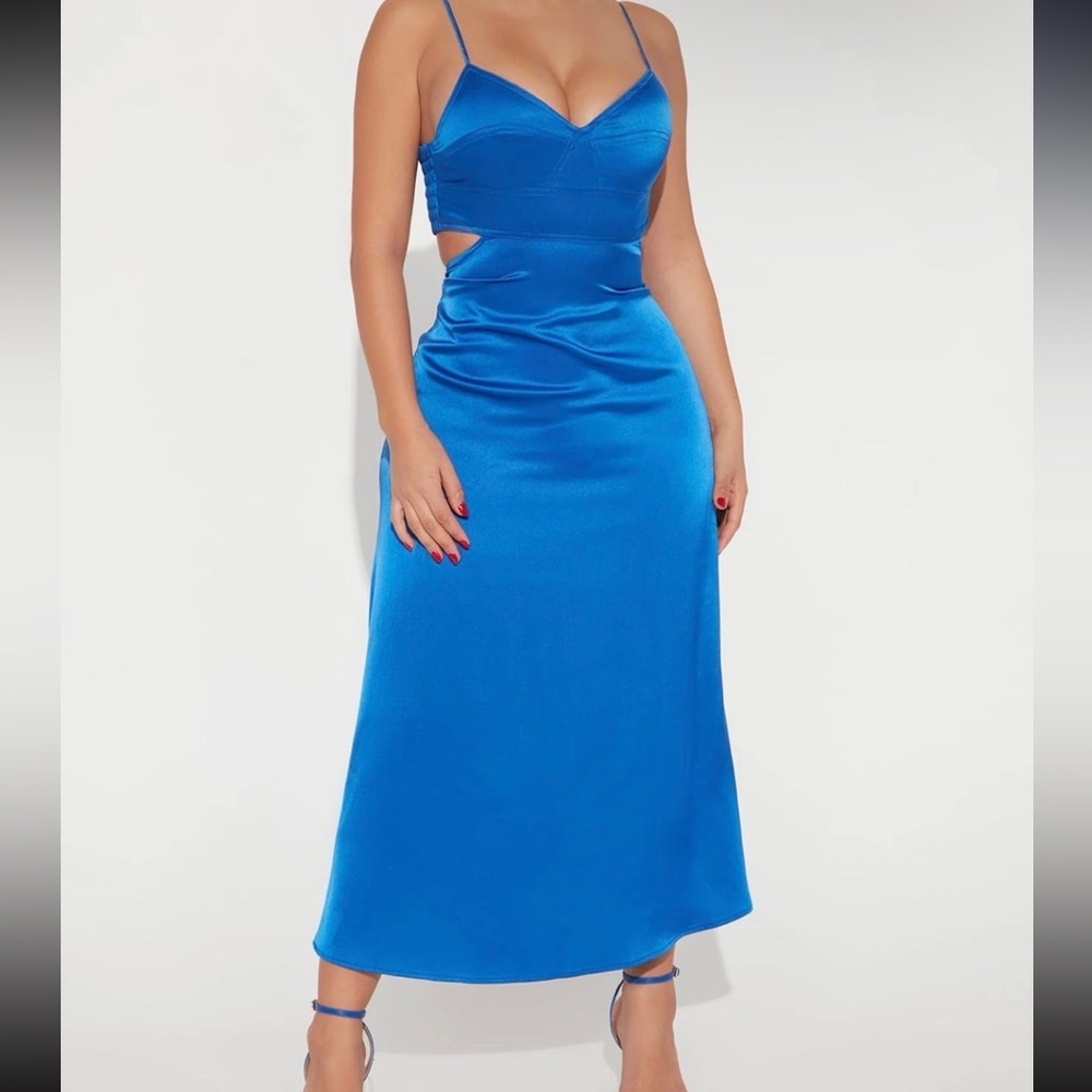 Fashion nova blue silk cut out maxi dress